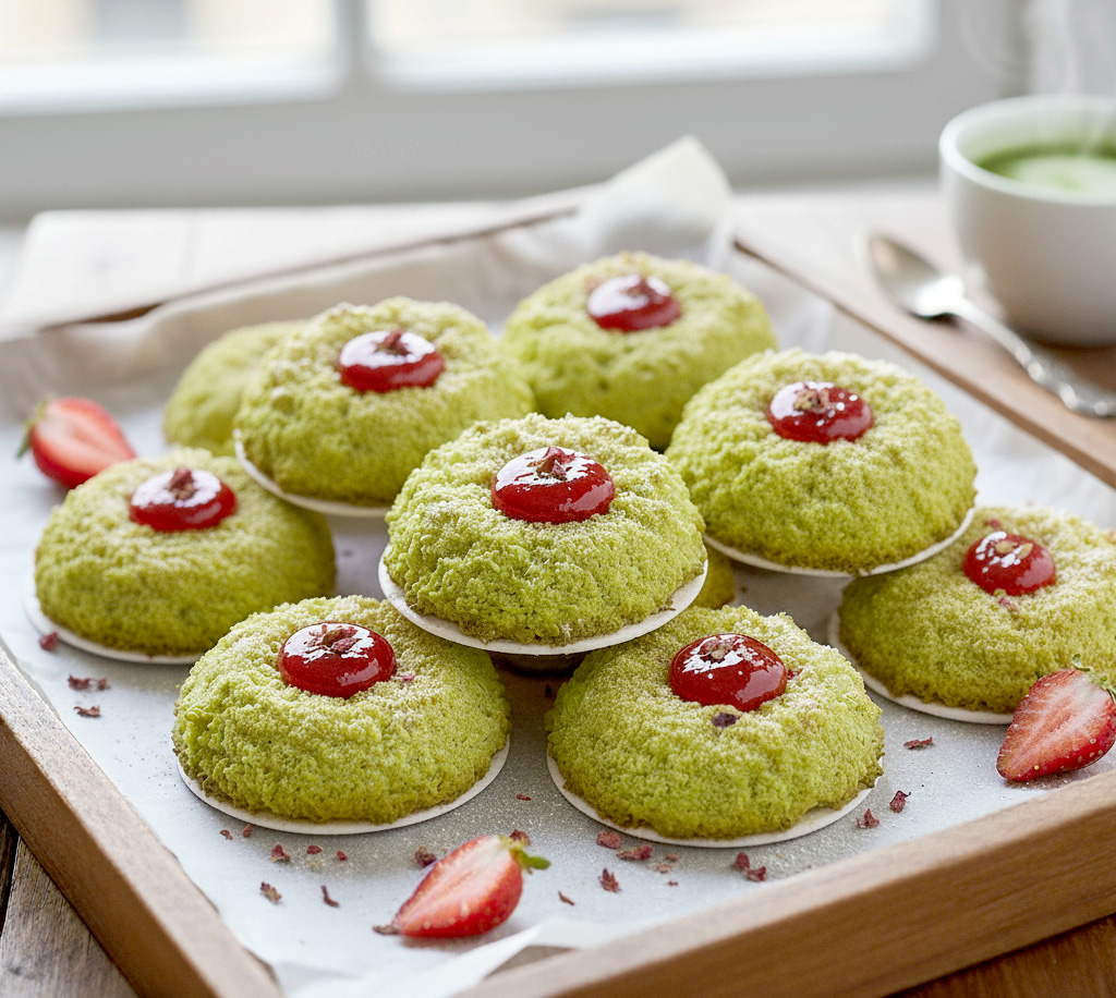 Matcha-Makronen mit Erdbeermarmelade